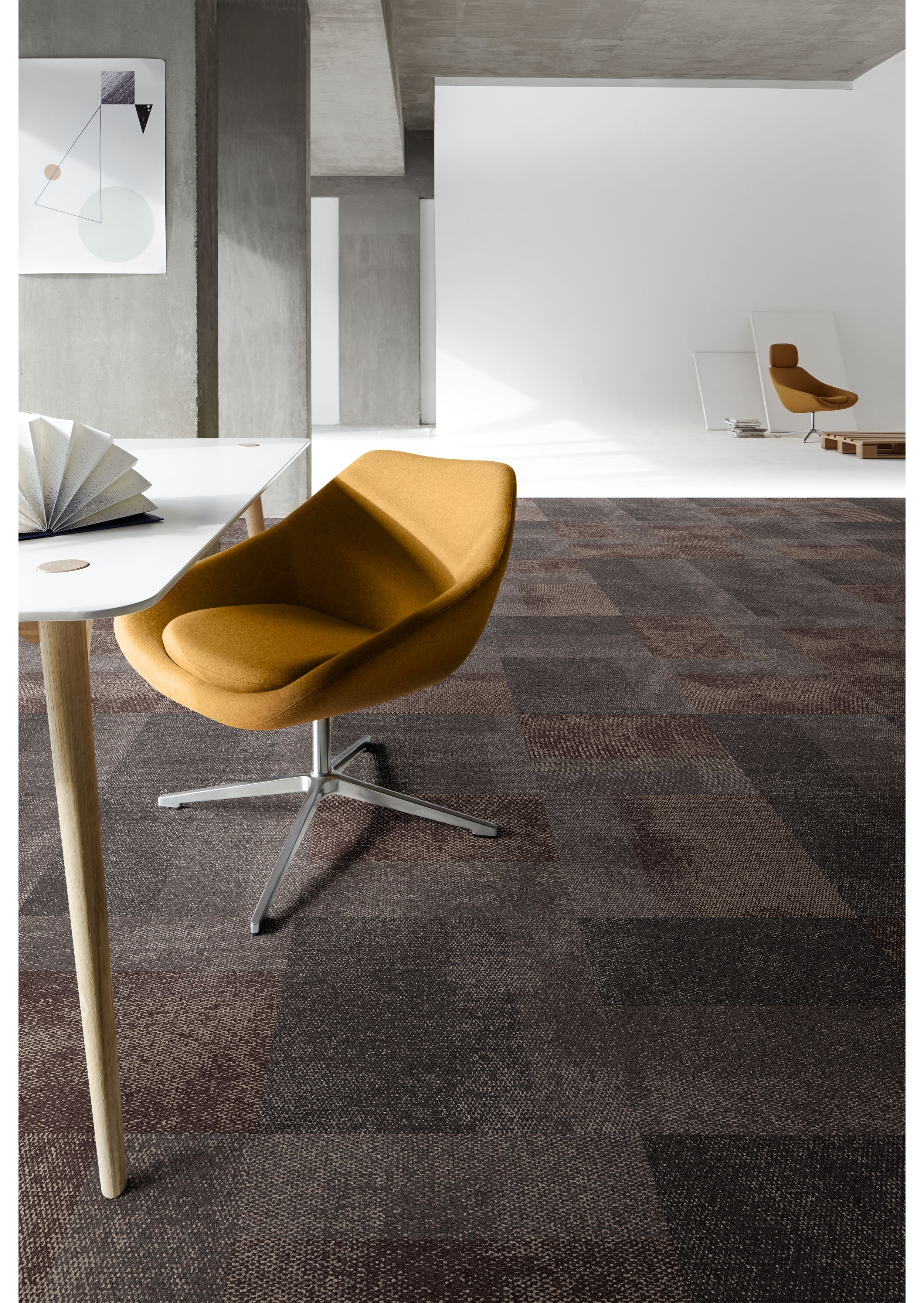 Interface Exposed carpet tile in studio with white room and wooden palette in background image number 4